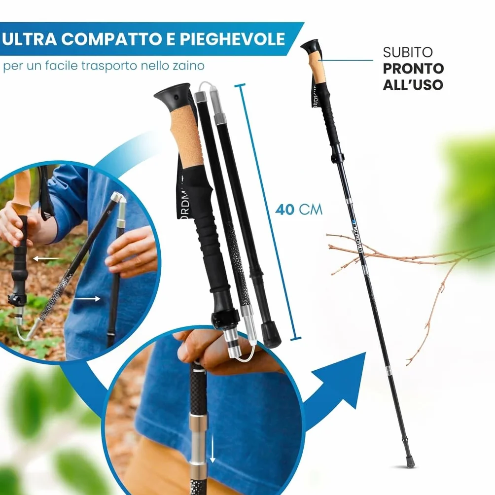 Nordmut Bastoncini da Trekking Pieghevoli in Alluminio o Carbonio Ultra-leggeri 1,50m 1,65m Impugnature Ergonomiche
