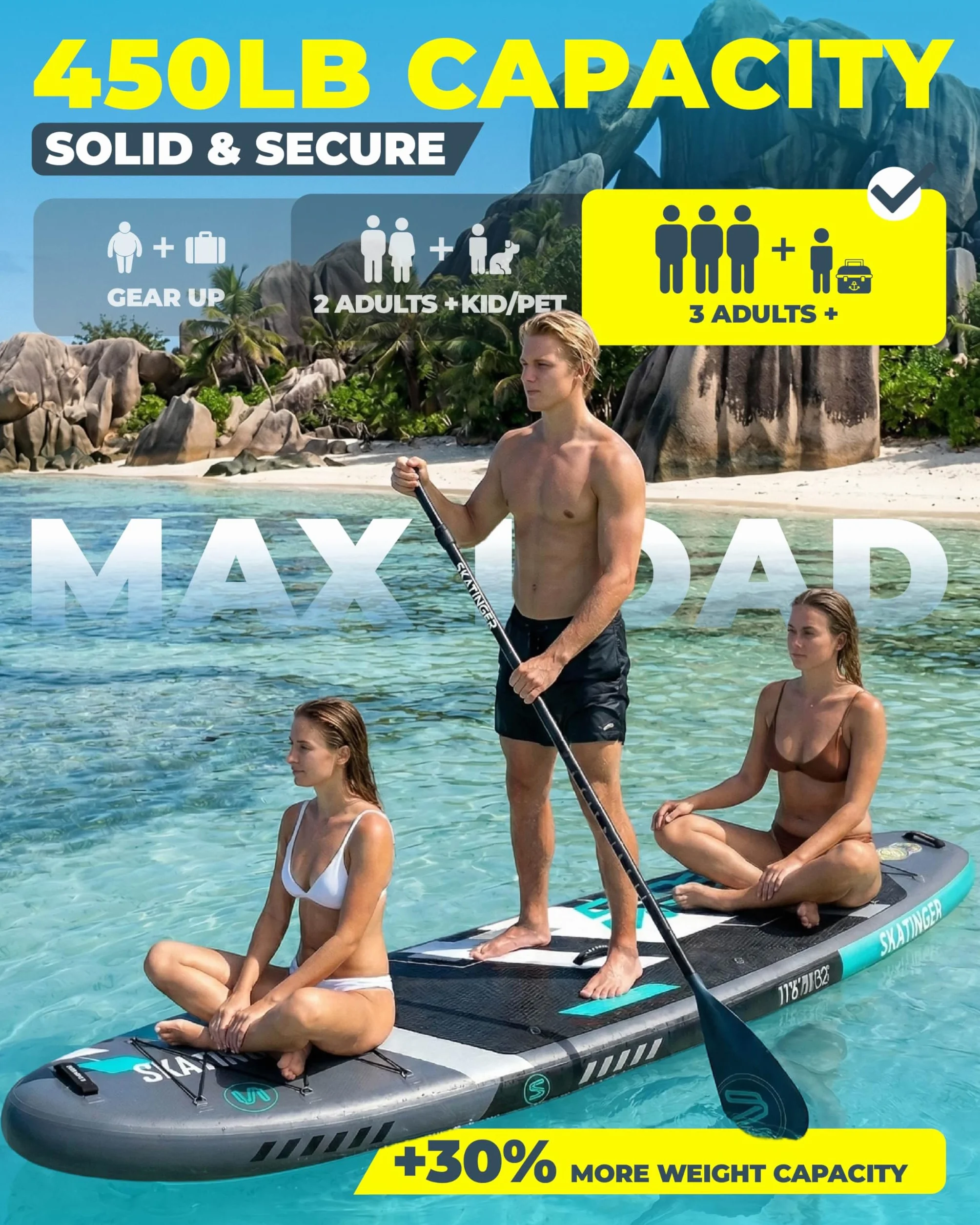 Skatinger Tavola da SUP gonfiabile 11'6 × 35" ultra stabile per 2+1 persone con zaino 100 l pinna americana