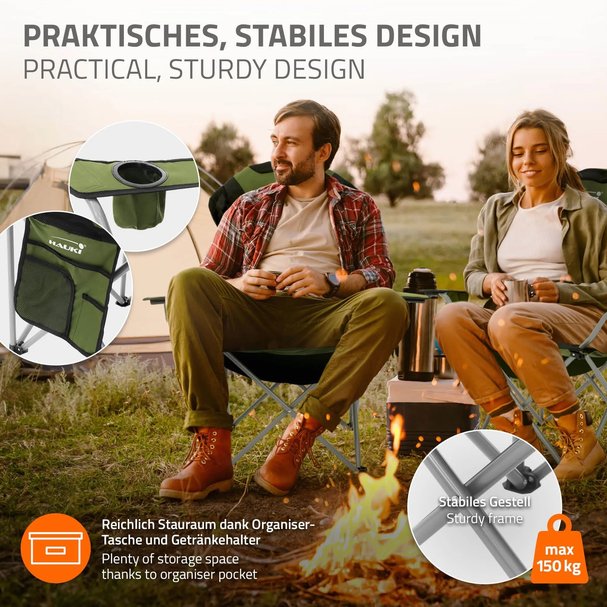 Hauki Set Mobili da Campeggio 3 Pezzi Tavolo Pieghevole Beige 2 Sedie Kaki per 2 Persone Borsa da Trasporto Alluminio