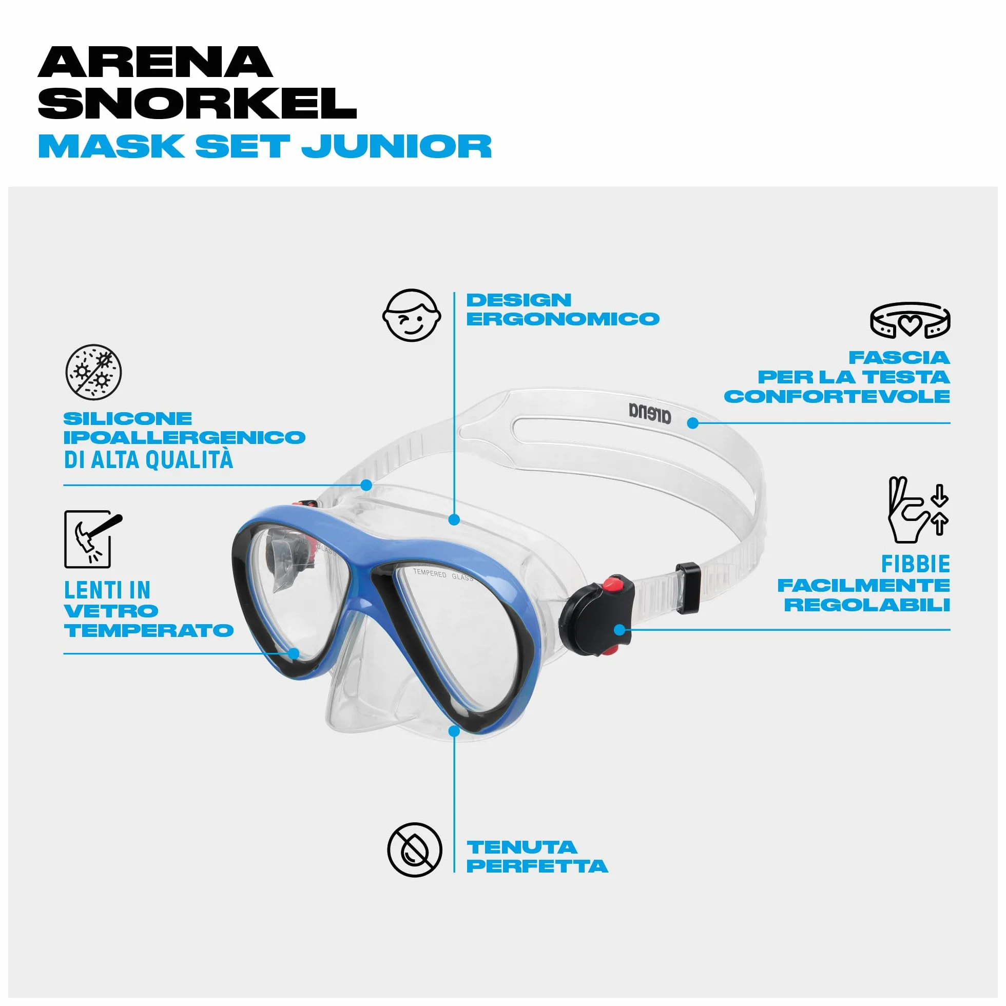 Arena Set Maschera e Boccaglio Bambini Snorkeling con Tecnologia Anti-Infiltrazione, Silicone Ipoallergenico