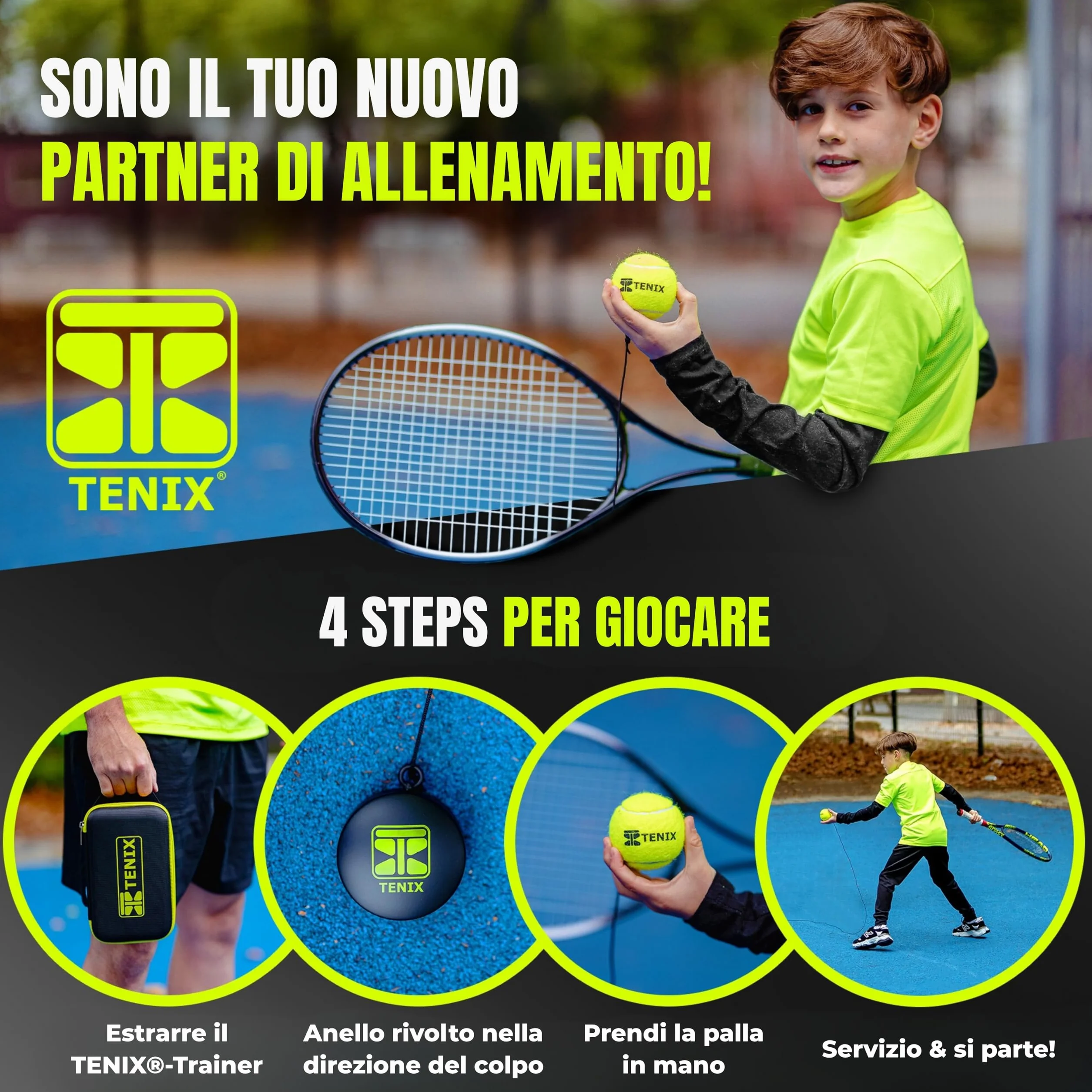 TENIX Tennis Trainer Power-Grip-System Solo Allenamento Tennis Bambini Adulti Giardino Parco Campo Rimbalzo Infinito
