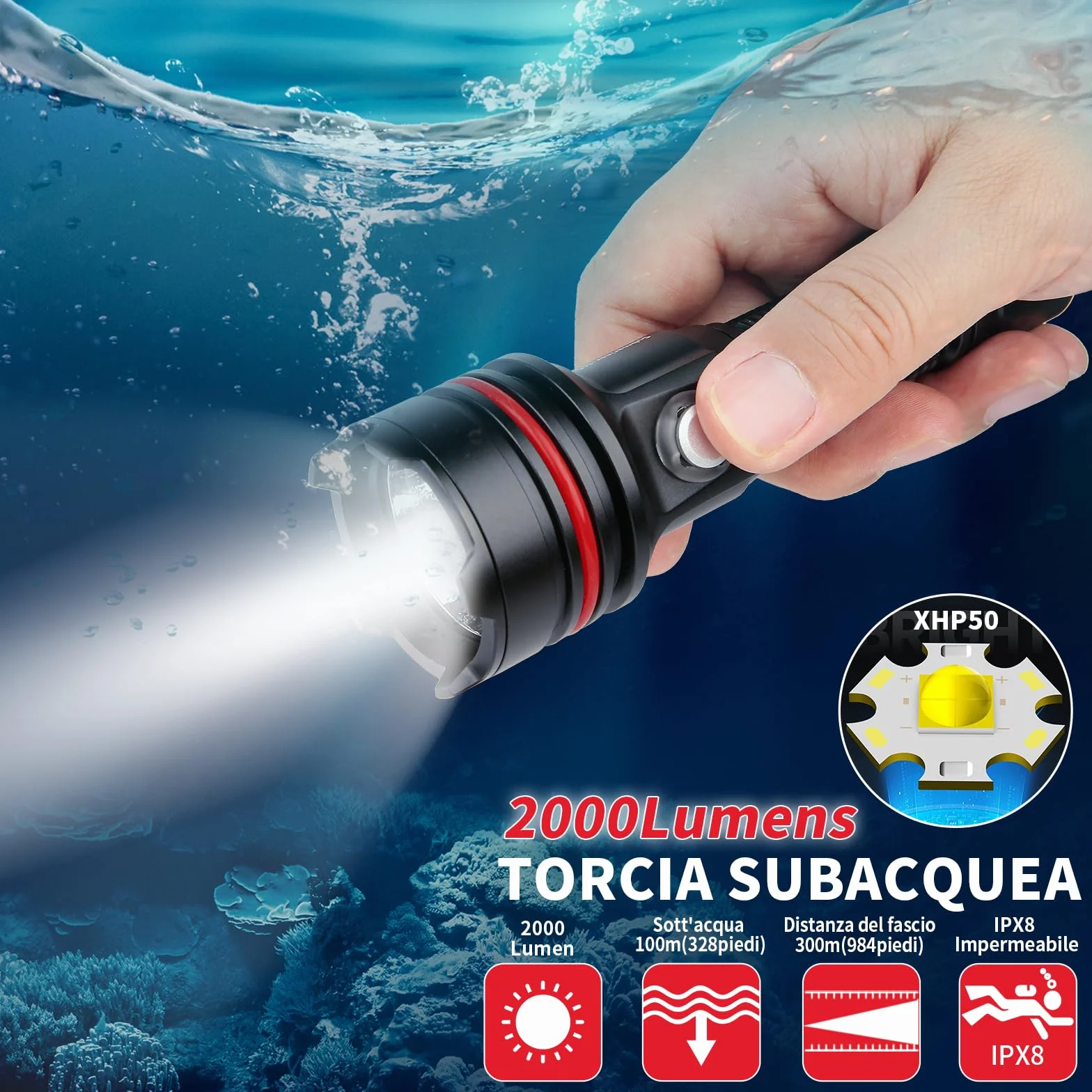 Torcia Subacquea 2000 Lumen IP68 100m USB-C Ricarica 6 Modalità