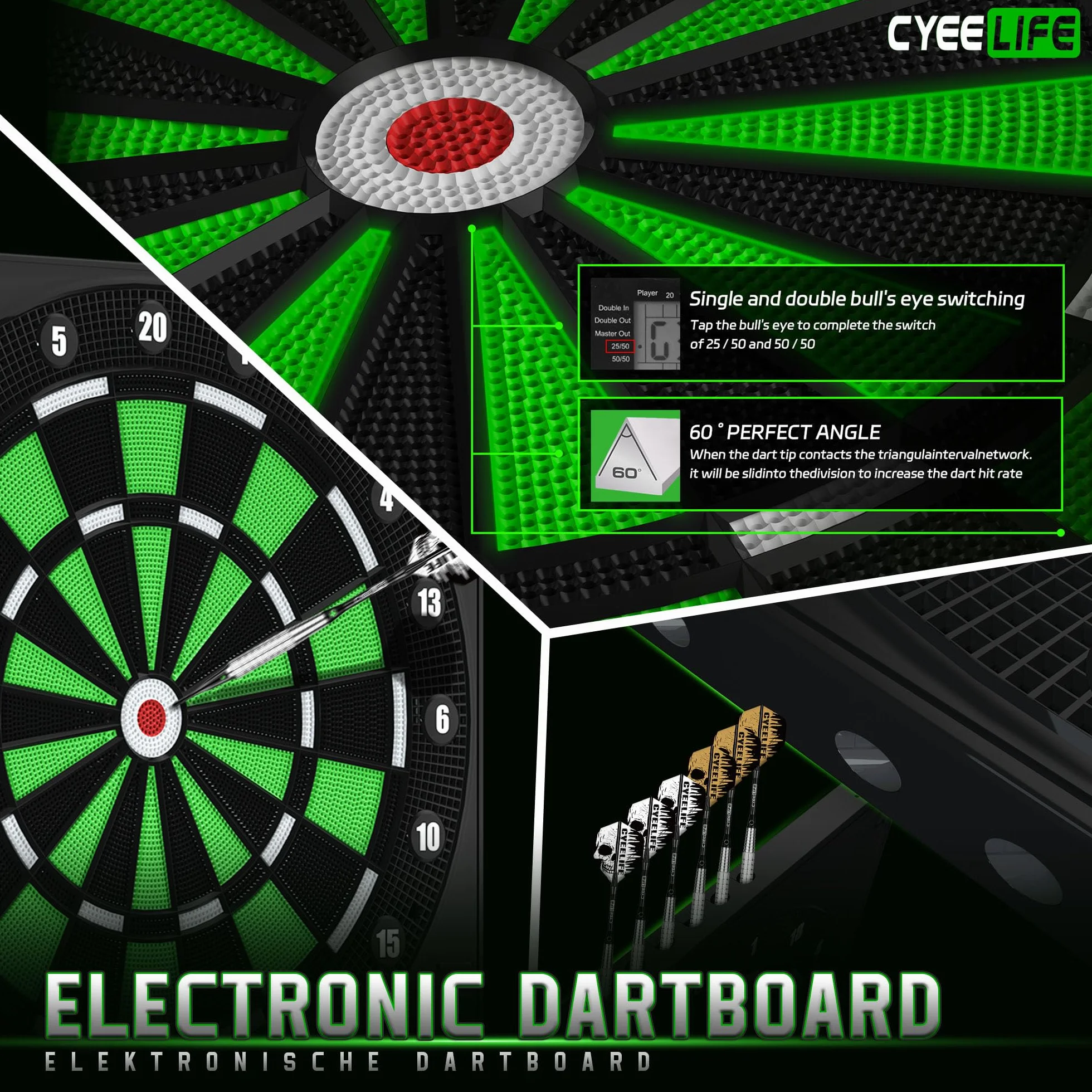 CyeeLife Tavola da Freccette Elettronica Dartboard 12 Frecce 50 Punte 24 Voli Accessori 1-8 Giocatori