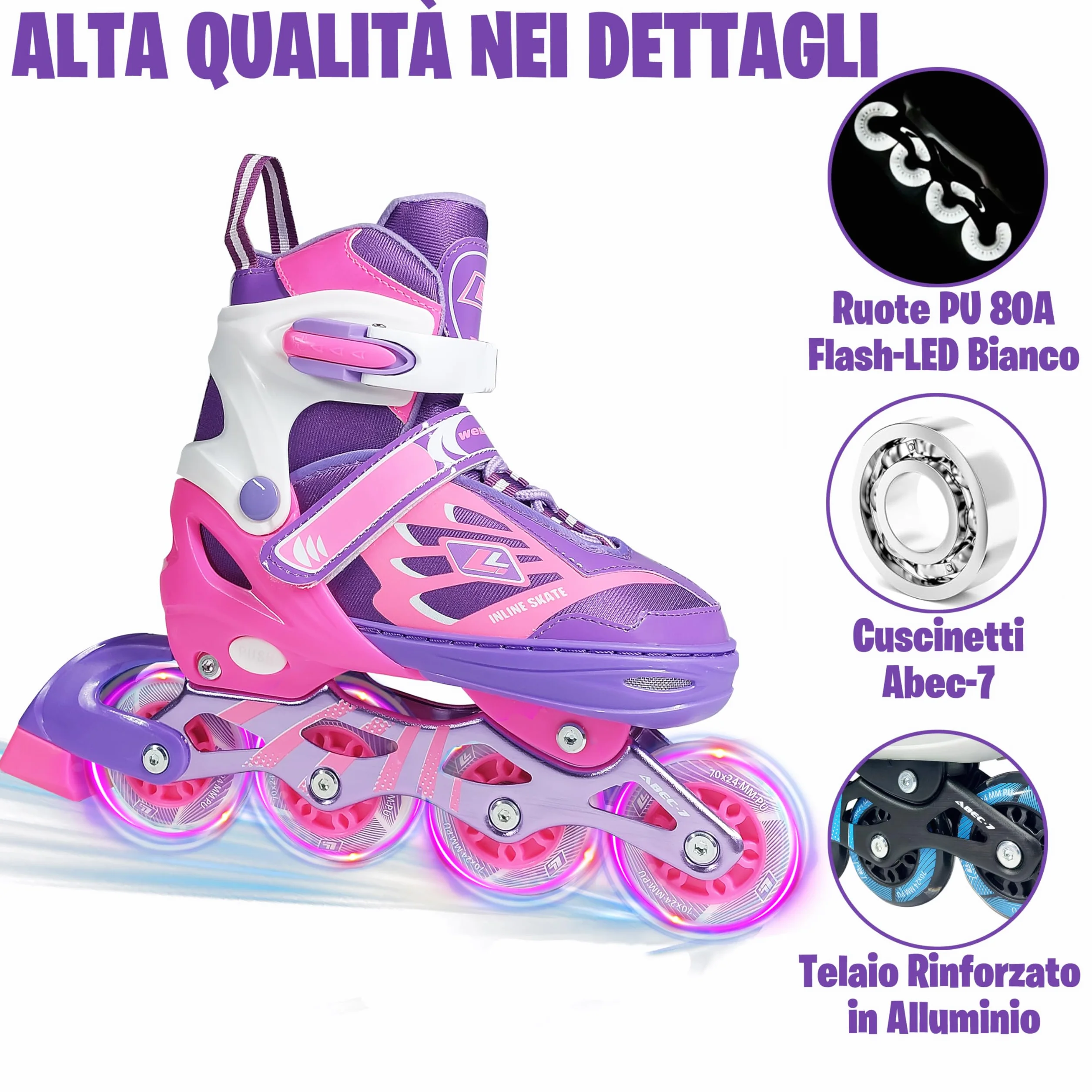 WeLLIFE SK-Line Pattini in Linea Bambini Regolabili 4 Misure con Ruote LED Bianco, Pattini Bambino e Bambina Guscio Rigido Telaio Alluminio Borsa Taglie 29-37