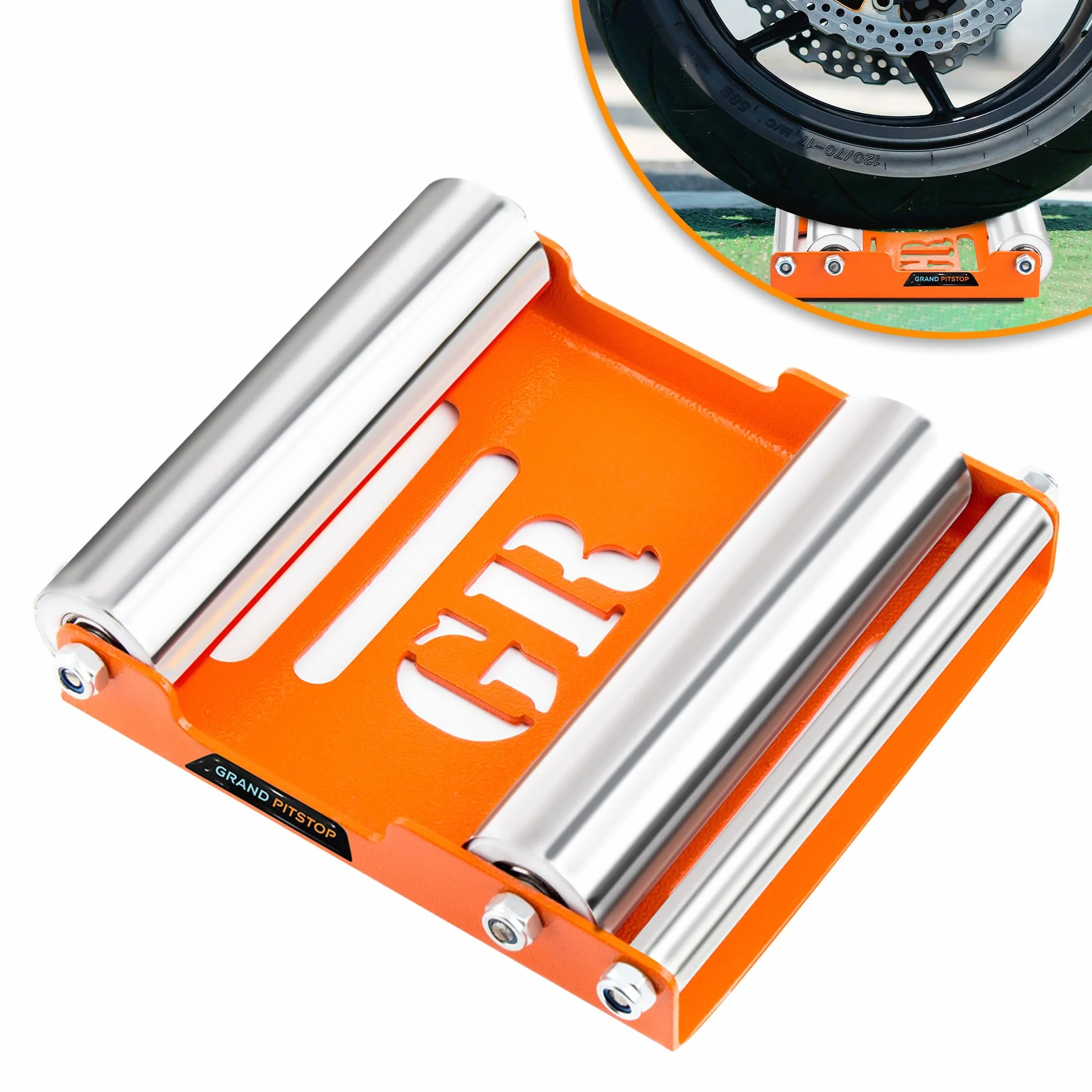 GRAND PITSTOP Motorcycle Wheel Cleaning Stand - Paddock Stand Replacement - Wheel Roller Stand for tire Cleaning & Chain Lubrication (Medium)