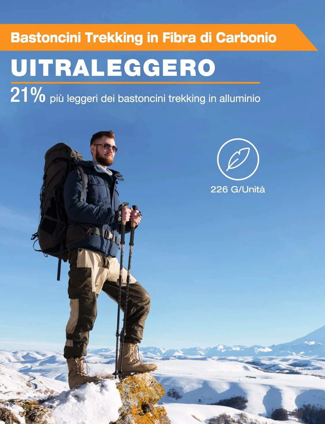 Bastoncini Da Trekking 3 Sezioni in Fibra Di Carbonio Ultraleggero Telescopico 65-135cm Con Sistema Di Blocco Rapido E Impugnatura in Sughero