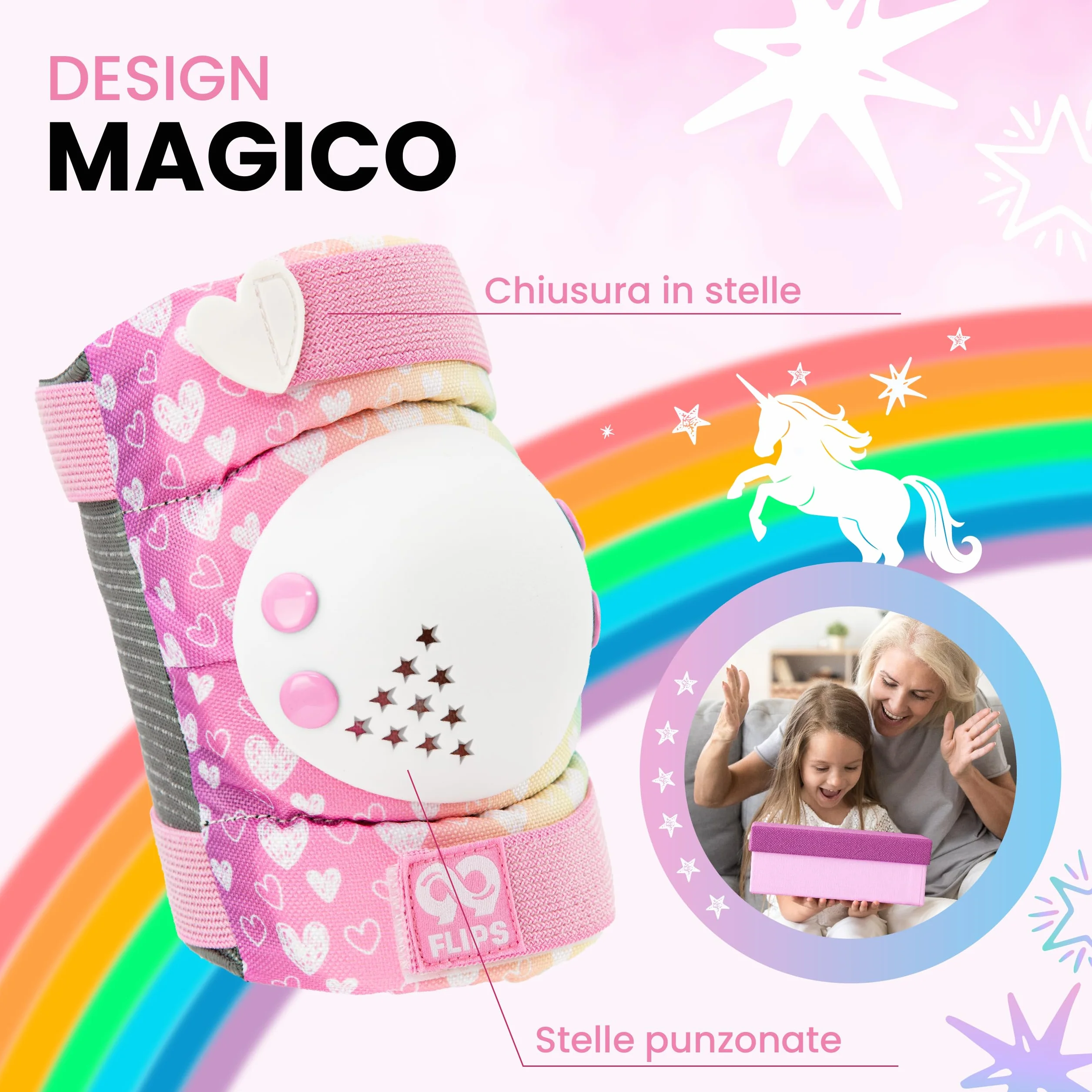 99FLIPS Protezioni Pattini Bambina 3-12 Anni Ginocchiere Gomitiere Mani Borsa Unicorno Arcobaleno