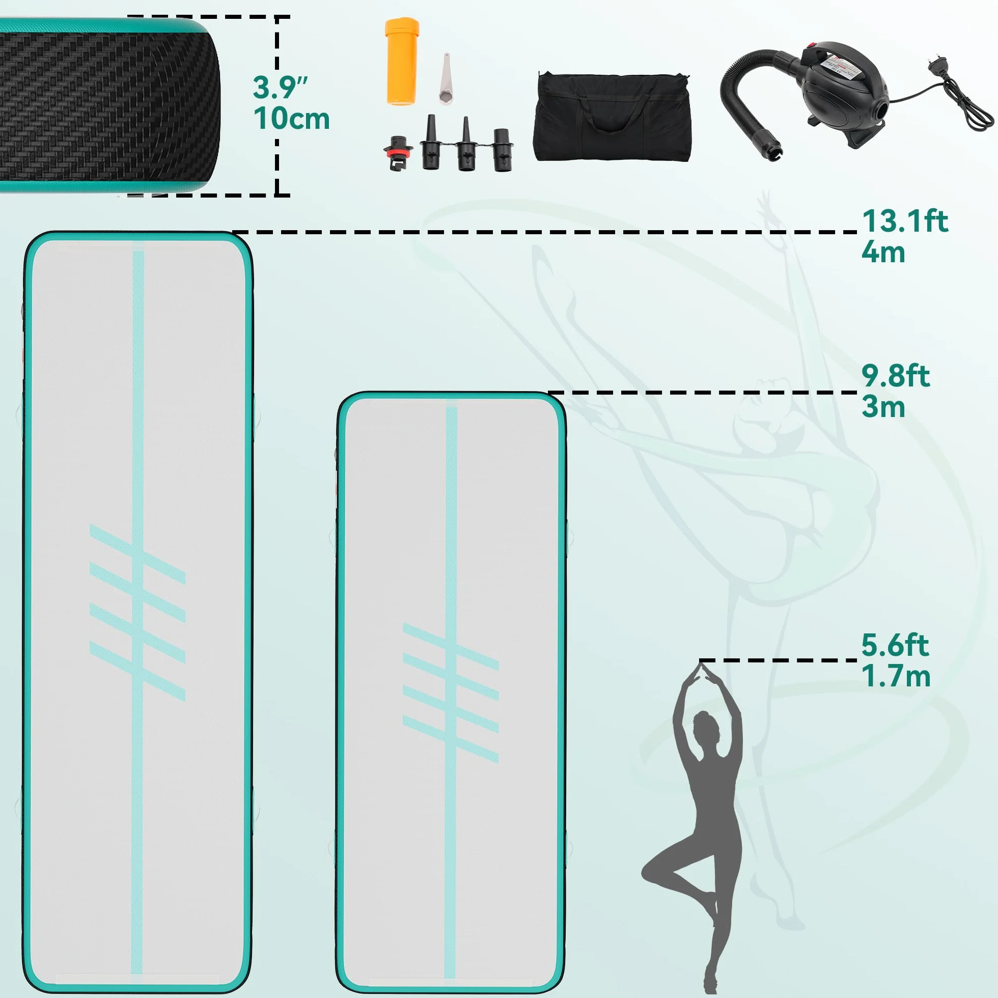 TAUS 3M/4M Air Matte Track,Tumbling Mat/bordo in fibra di carbonio con pompa ad aria elettrica, 10 cm di altezza, tappetino gonfiabile, per allenamento/tumbling/yoga/fitness