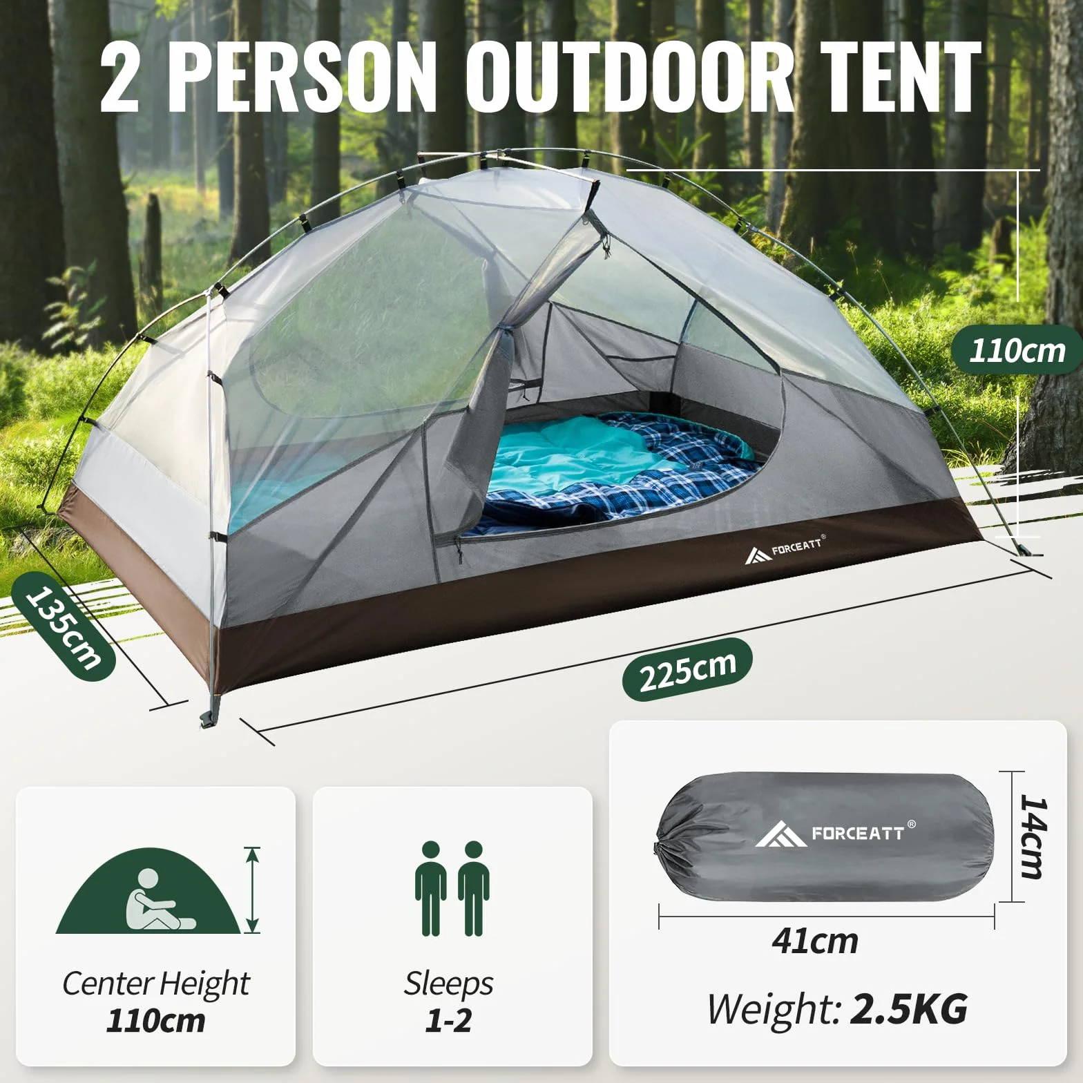 Forceatt Tenda Campeggio per 2-3 Persone Impermeabile Antivento 2 Porte Leggera