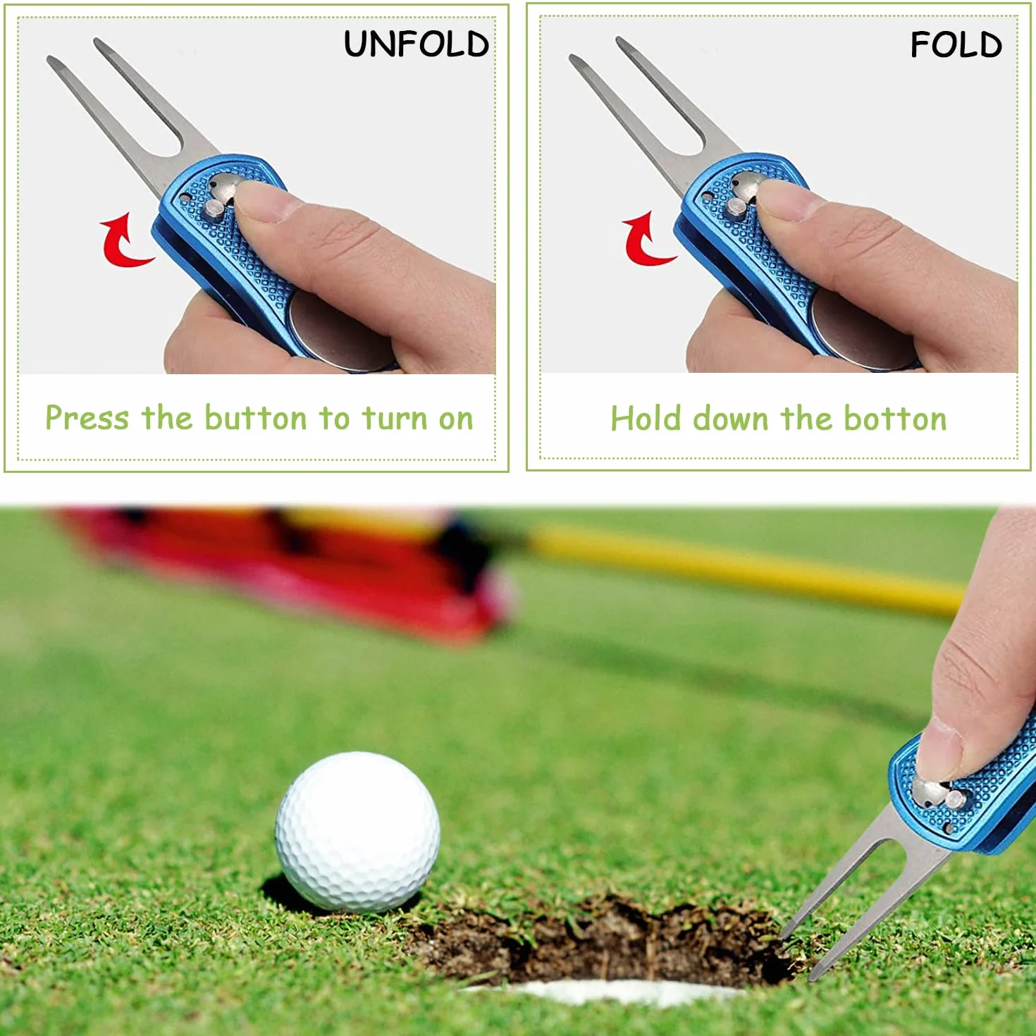 Forchetta da golf 2 pezzi in acciaio inox per riparazione volante con marcatore a palloni
