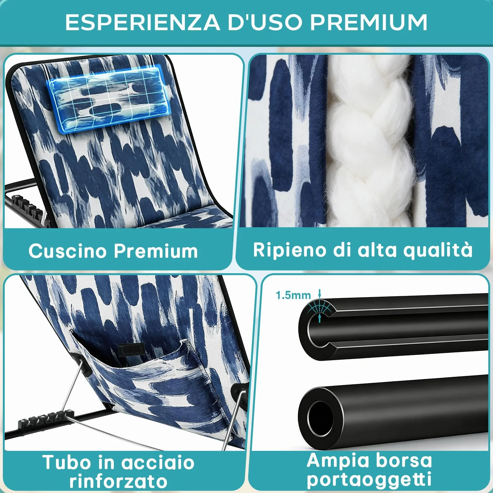 Lettino da Spiaggia Pieghevole con Poggiatesta, Schienale Reclinabile, Portata 150 kg, Tasca Portaoggetti (Blu)
