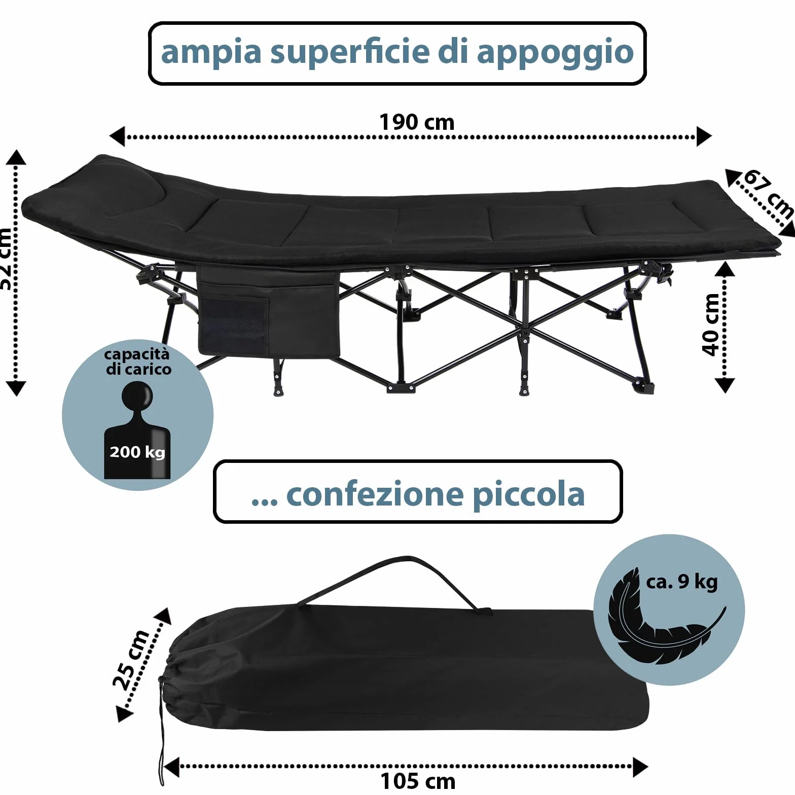 ALPIDEX Brandina Campeggio Letto Campo Pieghevole Caricabile 200 kg Lettino Tenda Portatile Cuscino Leggero Borsa Trasporto, Nero